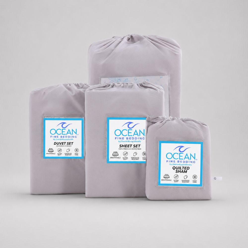 Sheet Set </br> <b> ROCK GREY </b> 5 Ocean Fine Bedding Rock Grey Duvet Set, Sheet Set and Quilted Coverlet and Quilted Sham packaging